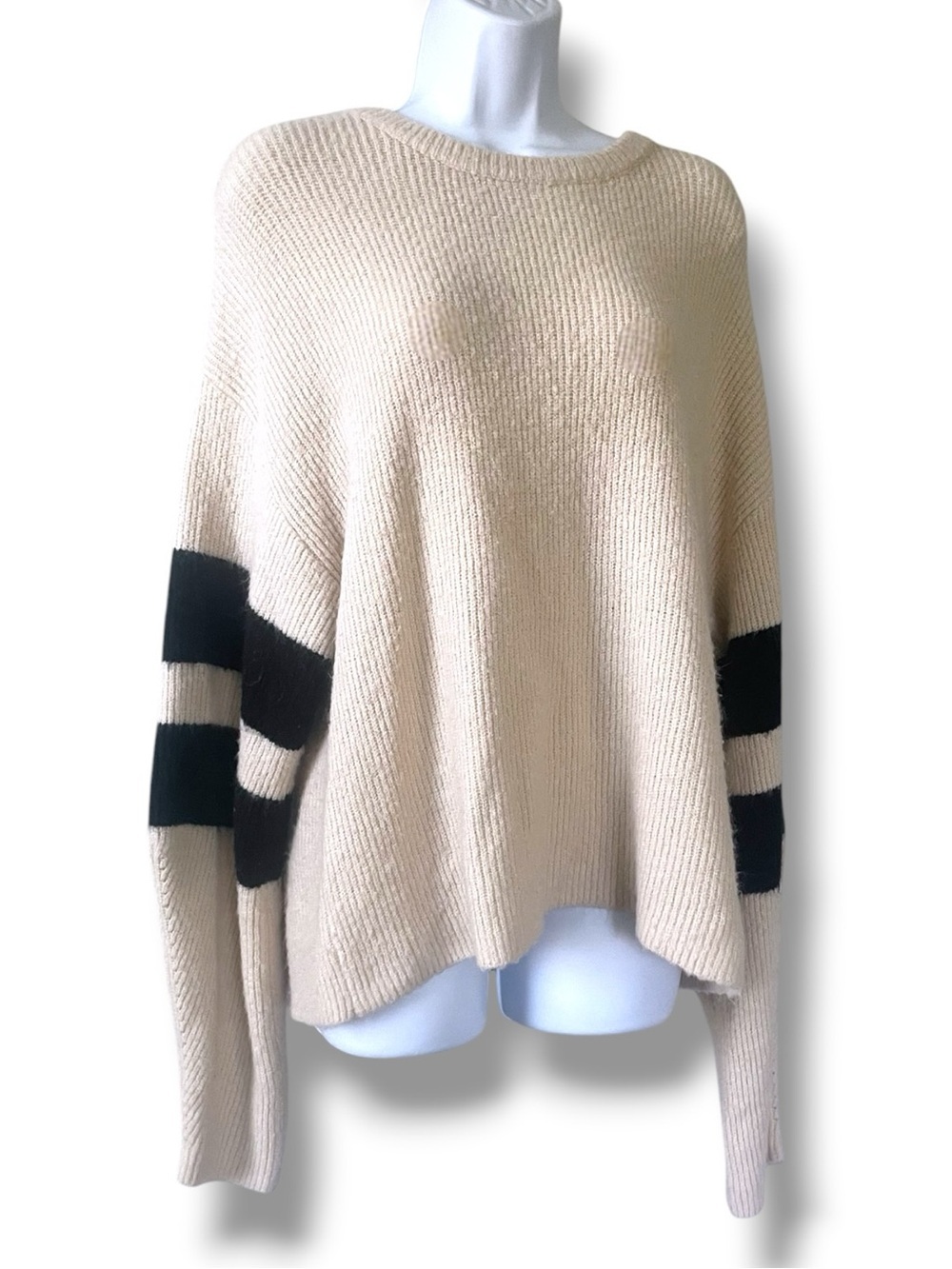 John + Jenn Cream Oversized Sweater Black Stripe Sleeve Chunky Knit Pullover